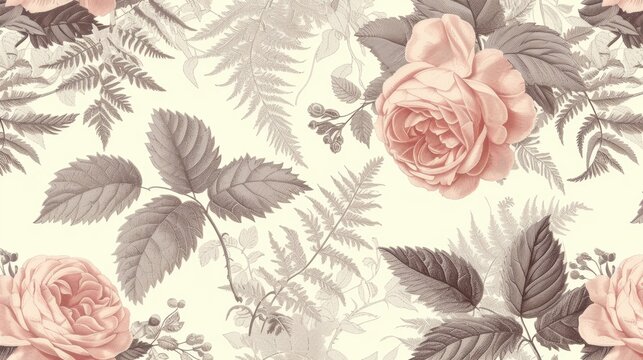 Fototapeta Vintage pattern botanical variety flowers such as roses, peonies, daisies, and ferns aged paper hand-drawn classic botanical drawings, elegant design suitable for fabric, wallpaper, and stationery