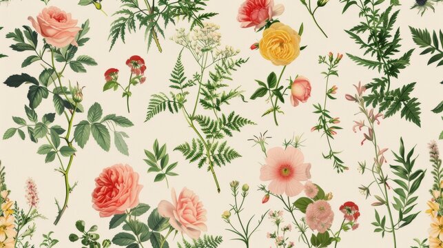 Vintage pattern botanical variety flowers such as roses, peonies, daisies, and ferns aged paper hand-drawn classic botanical drawings, elegant design suitable for fabric, wallpaper, and stationery