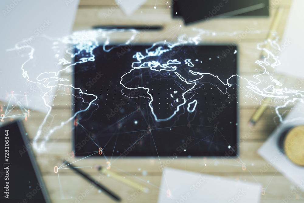Poster multi exposure of abstract graphic world map and modern digital tablet on background, connection and