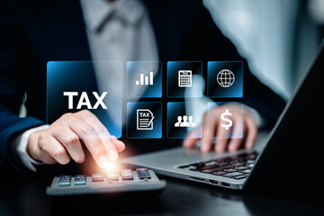 E-Filing, E-TAX, Taxpayer using a laptop to file taxes personal income, Tax Return form online for tax payment. Government, state taxes. Data analysis, paperwork, reports. Calculation tax return. - obrazy, fototapety, plakaty