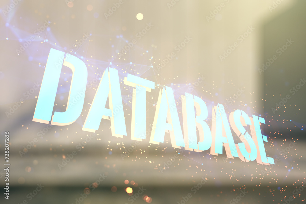 Poster double exposure of database word sign on blurry modern office building background, global research a