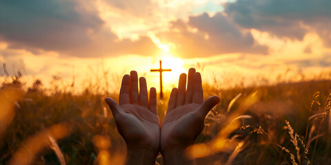 Hands together praying in bright sky with cross |  Human hands open palm up worship. eucharist therapy bless god |  God Helping Repent Catholic Easter Lent Mind Pray. Christian concept background.