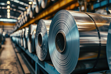 Galvanized Steel Coils in Industrial Warehouse. Industrial background
