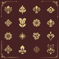 Vintage set of brown and golden elements. Elements for backgrounds, frames and monograms. Classic patterns. Set of vintage patterns