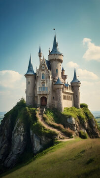 Whimsical Fairy Tale Castle Perched on a Hilltop
