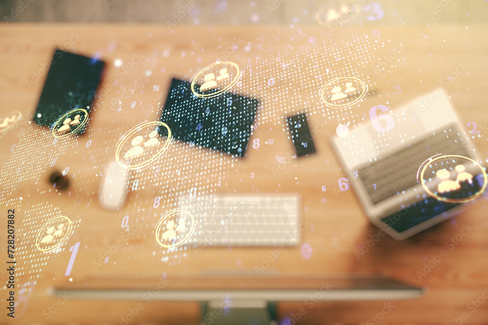 Poster double exposure of social network icons concept with world map and computer on background. networkin