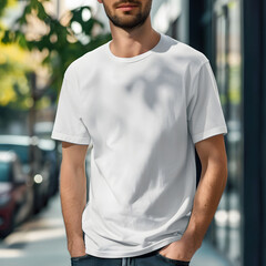 Man in the white T-shirt standing outdoor, sunny day, in the style of Shirt mockup, Copy space advertising concept