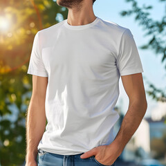 Man in the white T-shirt standing outdoor, sunny day, in the style of Shirt mockup