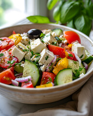 Traditional Greek salad with feta cheese and tomatoes in rustic brown bowl on the table
