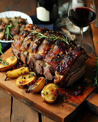 Rolled grilled meat with potatoes and other vegetables on the wooden plate. Food concept idea 