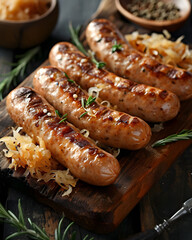 Grilled sausages or bratwurst served with sour cabbage or sauerkraut. Traditional German winter dish.