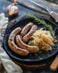 Grilled sausages or bratwurst served with sour cabbage or sauerkraut. Traditional German winter dish.