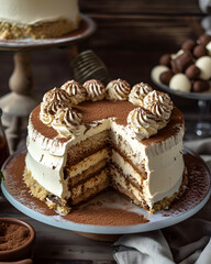 Chocolate cake on a plate decorated with nuts, vanilla whipped cream and cocoa powder. Food concept artwork