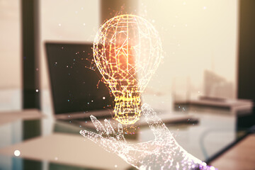 Creative light bulb illustration on modern computer background, future technology concept....