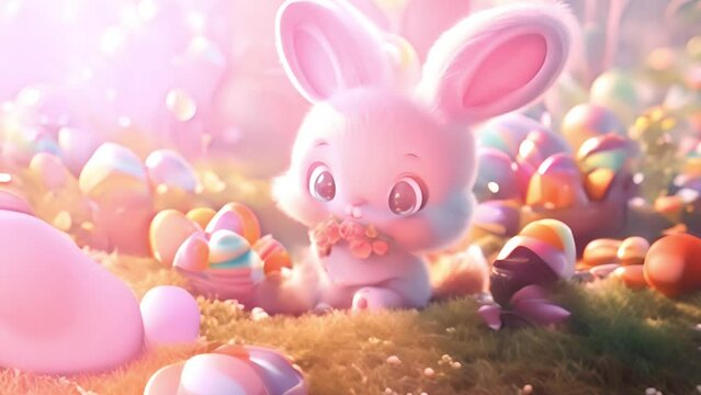 Cute Easter Bunny Sitting in Grass Surrounded by Easter Eggs Generative AI