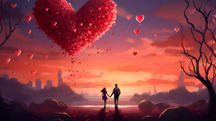 Scene of couple looking heart-shaped clouds fantasy valentine day romantic Illustration Head over Heels Lovely romantic love couple together with heart shape background landscape vacation.