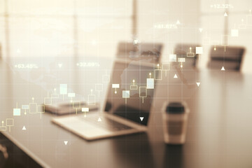 Multi exposure of abstract financial graph with world map on modern computer background, financial...