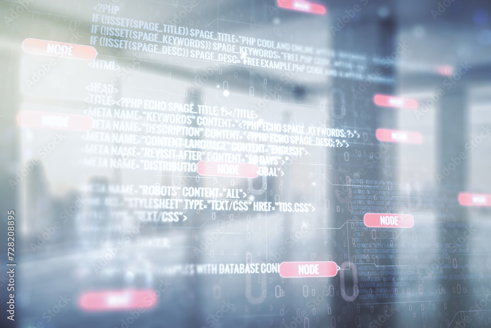 Poster abstract virtual coding illustration on modern interior background, software development concept. mu