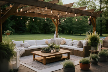 Cozy outdoor patio setup with comfortable seating and string lights - Powered by Adobe