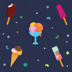 delicious ice cream collection for summer, illustration of ice cream sundae, gelato with different flavors, ice cream, popsicles with different toppings on a blue background