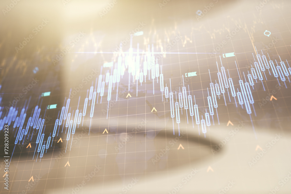 Poster multi exposure of virtual abstract financial chart hologram and world map on empty modern office bac