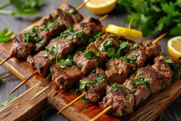 Skewers of boneless beef meat grilled by traditional recipe served with lemon and vibrant greens, fresh cilantro.