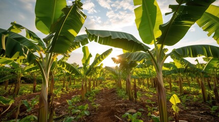 Banana tree plantation in nature with daylight. Industrial scale banana cultivation for worldwide export. - obrazy, fototapety, plakaty