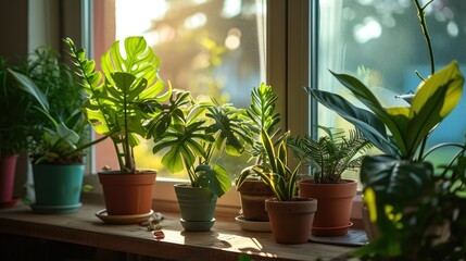House plants on a windowsill in sunlight.