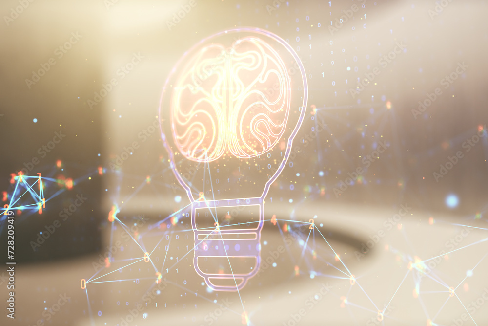Poster double exposure of abstract virtual creative light bulb hologram with human brain on empty modern of