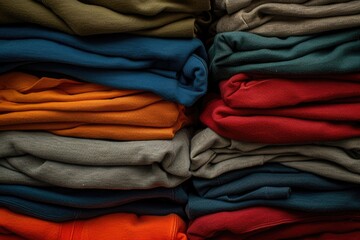 Pile of knitted sweaters as background, closeup view