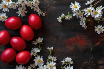 Fototapeta na wymiar Easter dark red eggs and spring white flowers on dark wooden table.