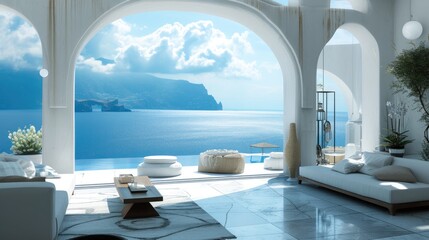 Fototapeta premium A living room facing the ocean in Greek island