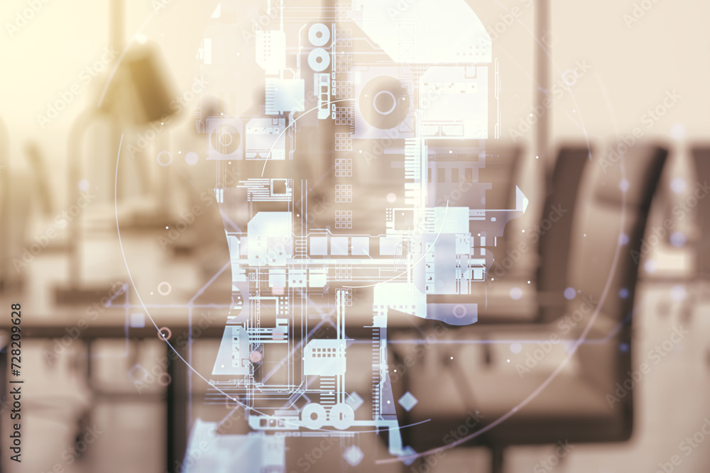 Aufkleber double exposure of creative artificial intelligence hologram on modern corporate office background. 