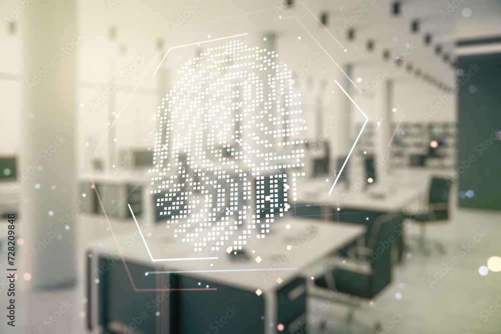 Poster multi exposure of virtual abstract fingerprint illustration on a modern furnished office background,