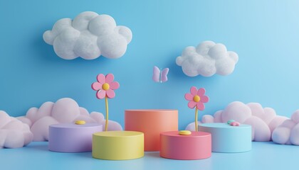 3D rendering podium kid style, colorful background, clouds and weather with empty space for kids or baby product