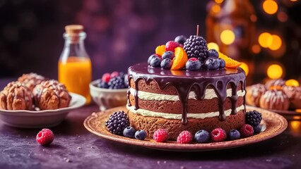 A cake with berries and chocolate icing on a dining table surrounded by pastries and a bottle of orange juice.