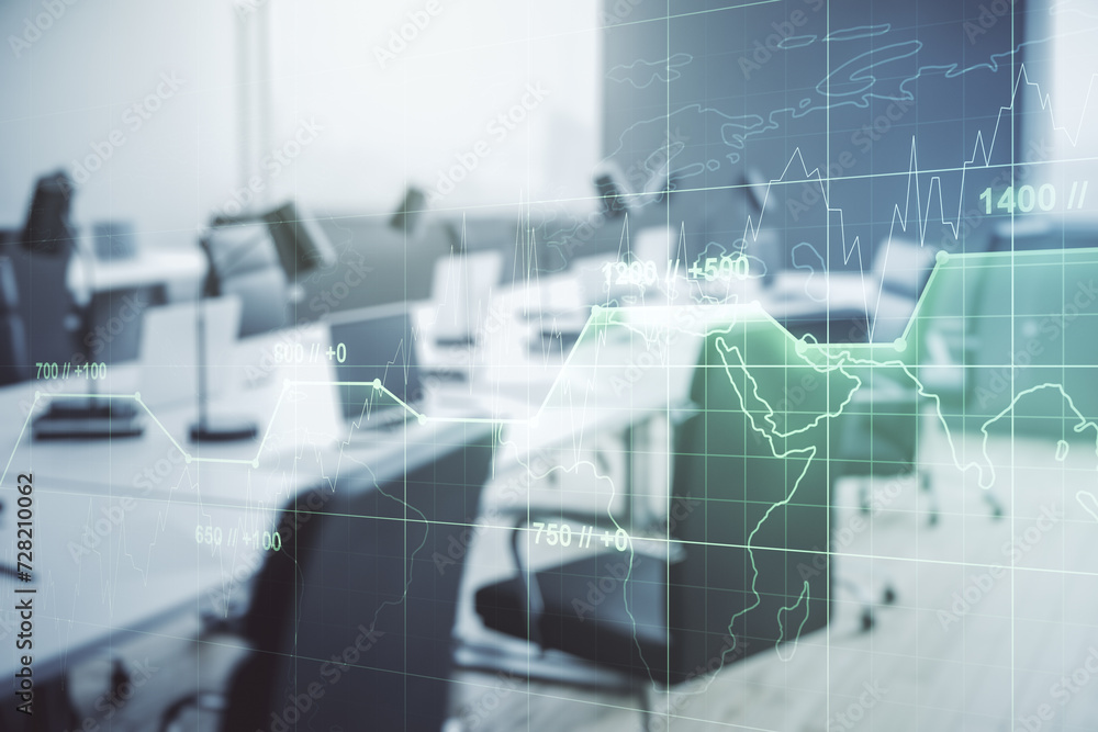 Aufkleber multi exposure of abstract statistics data hologram interface on a modern furnished office interior 