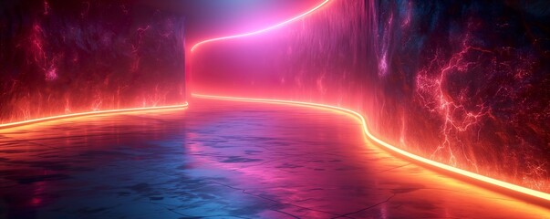 Neon vibrant  lights line a mysterious corridor with reflective flooring