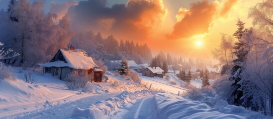 Picturesque Winter Sunset in a Charming Village: Enchanting Picturesque Winter Sunset Over a Dreamy Village Landscape