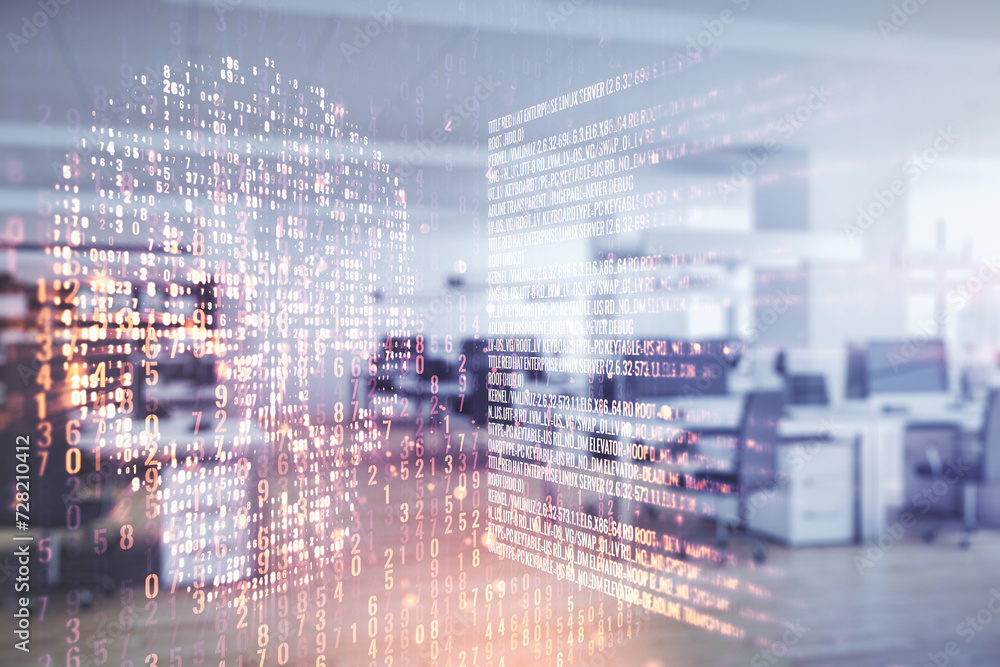 Poster double exposure of abstract virtual creative code skull hologram on modern corporate office backgrou