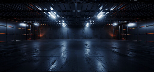 Sci Fi Cyber Modern Futuristic Grunge Warehouse Hangar Basement Concrete Cement Tunnel Corridor Metal Elements Bright Lights Empty Space Background 3D Rendering