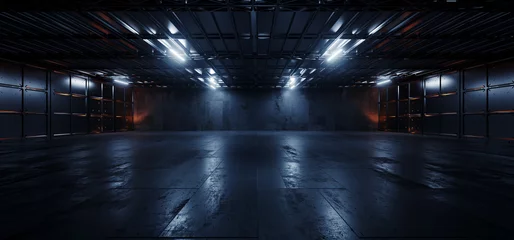 Sci Fi Cyber Modern Futuristic Grunge Warehouse Hangar Basement Concrete Cement Tunnel Corridor Metal Elements Bright Lights Empty Space Background 3D Rendering © IM_VISUALS