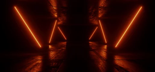 Neon Lines Sci Fi Futuristic Cyber Glowing Warehouse Dark Basement Orange Laser Lights Empty Showroom Cement Grunge Metal Ceiling Corridor 3D Rendering © IM_VISUALS