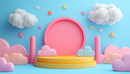 3D rendering podium kid style, colorful background, clouds and weather with empty space for kids or baby product