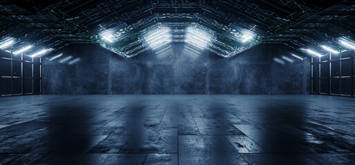Cyber Modern Futuristic Grunge Warehouse Hangar Basement Concrete Cement Tunnel Corridor Metal Elements Bright Lights Empty Space Background 3D Rendering