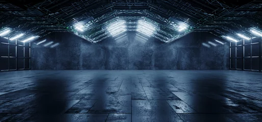 Cyber Modern Futuristic Grunge Warehouse Hangar Basement Concrete Cement Tunnel Corridor Metal Elements Bright Lights Empty Space Background 3D Rendering © IM_VISUALS