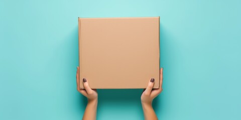 Top view to female hand holding brown cardboard box on light blue background. Mockup parcel box. Packaging, shopping, delivery concept - obrazy, fototapety, plakaty