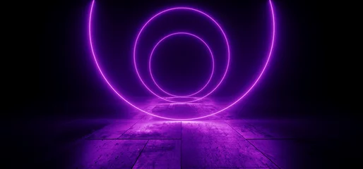 Neon Circles Sci Fi Futuristic Cyber Glowing Warehouse Dark Basement Ultraviolet Laser Lights Empty Showroom Cement Grunge Metal Ceiling Corridor 3D Rendering © IM_VISUALS
