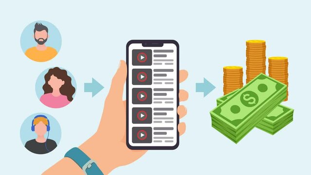 Animated footage visualizing monetize video content with people as viewers. Smartphone in hand and earn money  