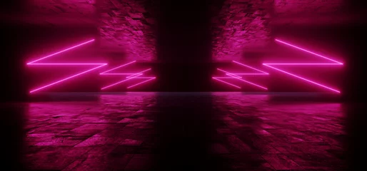Neon Lines Sci Fi Futuristic Cyber Glowing Warehouse Dark Basement Purple Red Pink Laser Lights Empty Showroom Cement Grunge Metal Ceiling Corridor 3D Rendering © IM_VISUALS